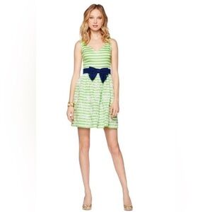 Lilly Pulitzer Roswell Green/White Striped Mini Dress with Navy Bow,Strapless, 8
